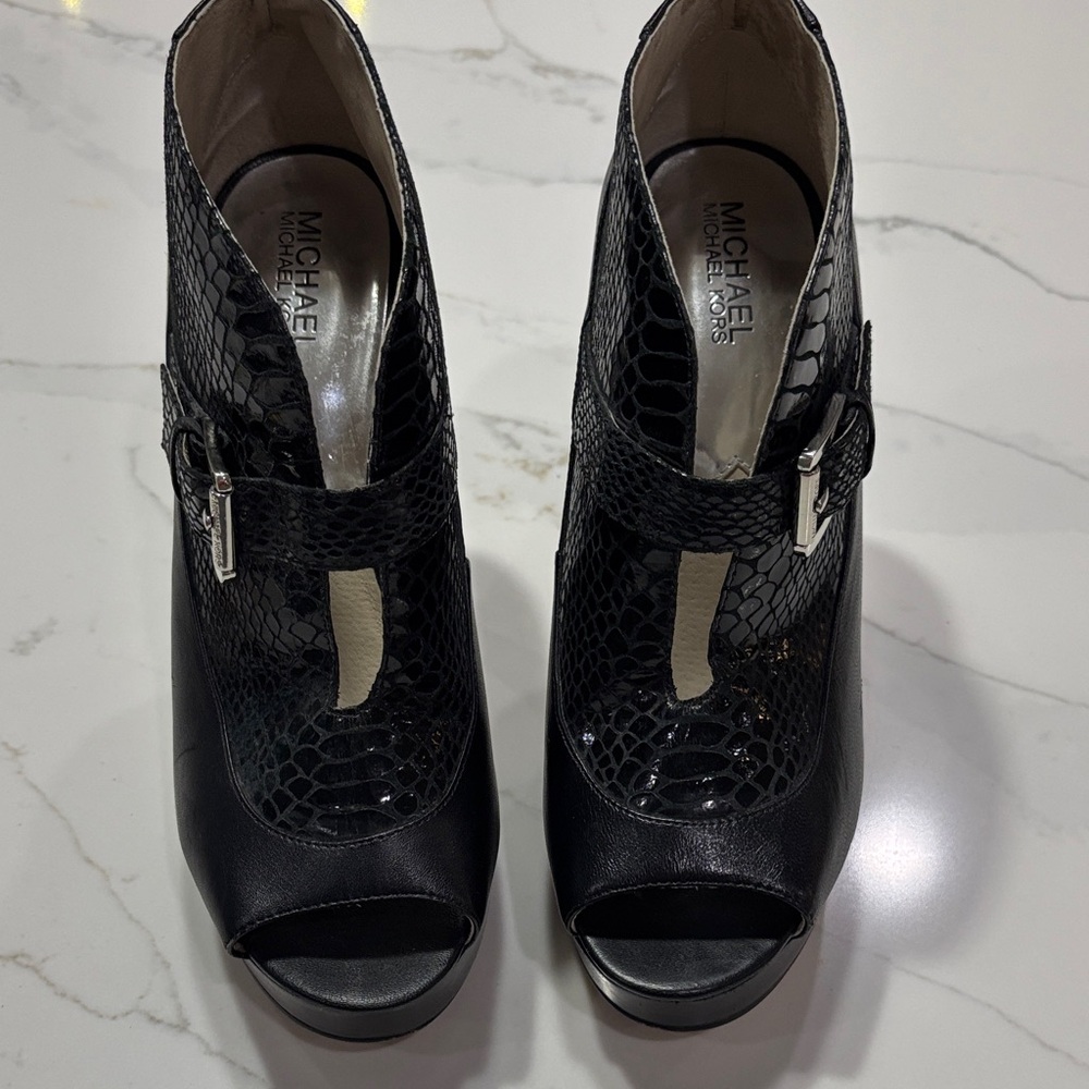 Black Peep-Toe Platform High Heel Booties with Buckle - Picture 4 of 14